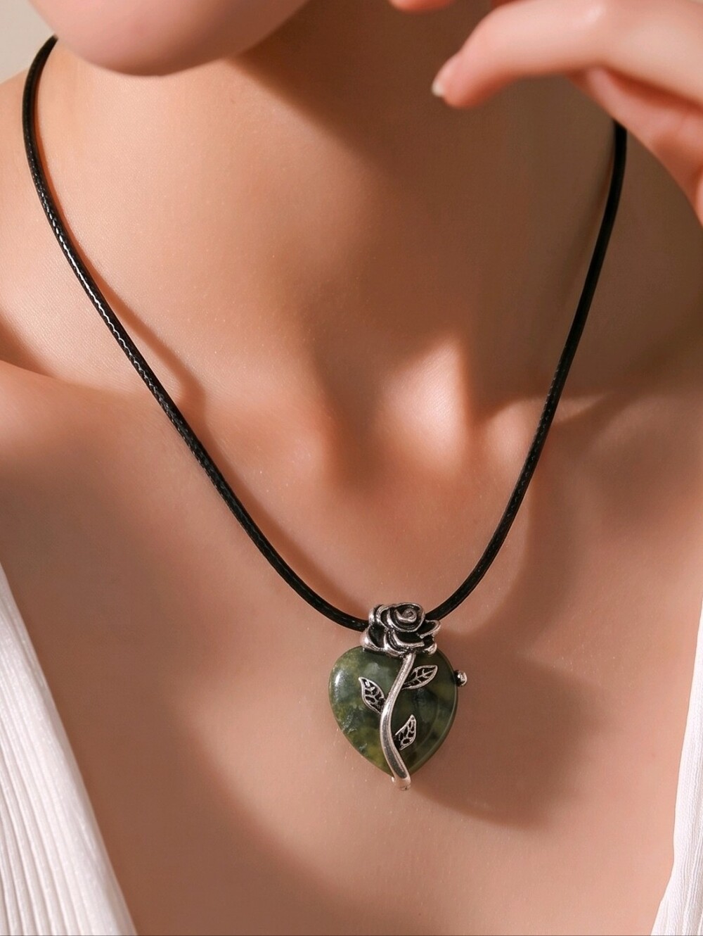 Green Serpentine Rose Heart Necklace Natural Stone Cottagecore Gothic Pendant